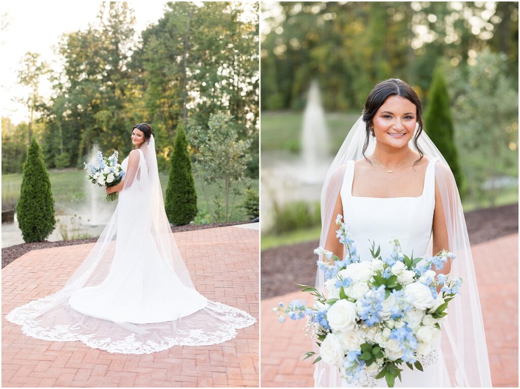 Bridal Photos with Blue and White Bouquet | Bridal Photos by lake | The Upchurch Bridal Portraits | Bridal Portrait Photographer