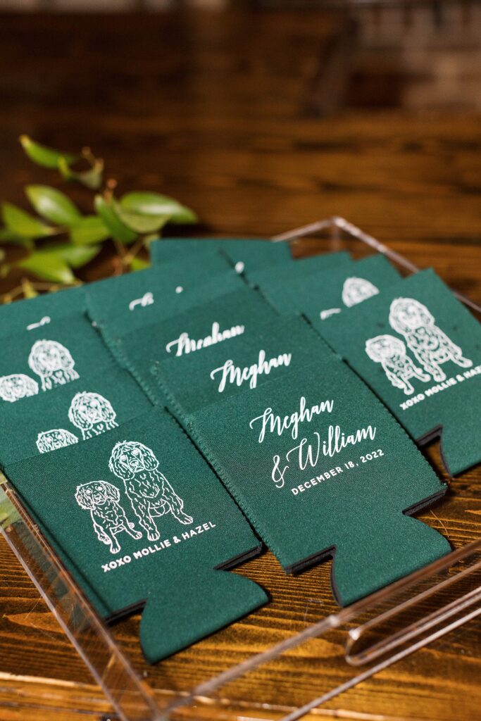 Custom wedding koozies as favors for guests with your dogs on them | Creative ways to include your dog on your wedding day | Sarah Hinckley Photography