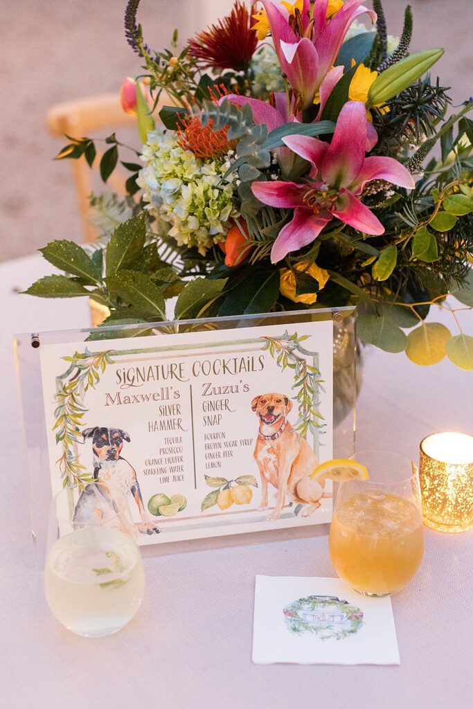 Custom signage and cocktails named after your dog on your wedding day | Creative ways to include your dog on your wedding day | Sarah Hinckley Photography