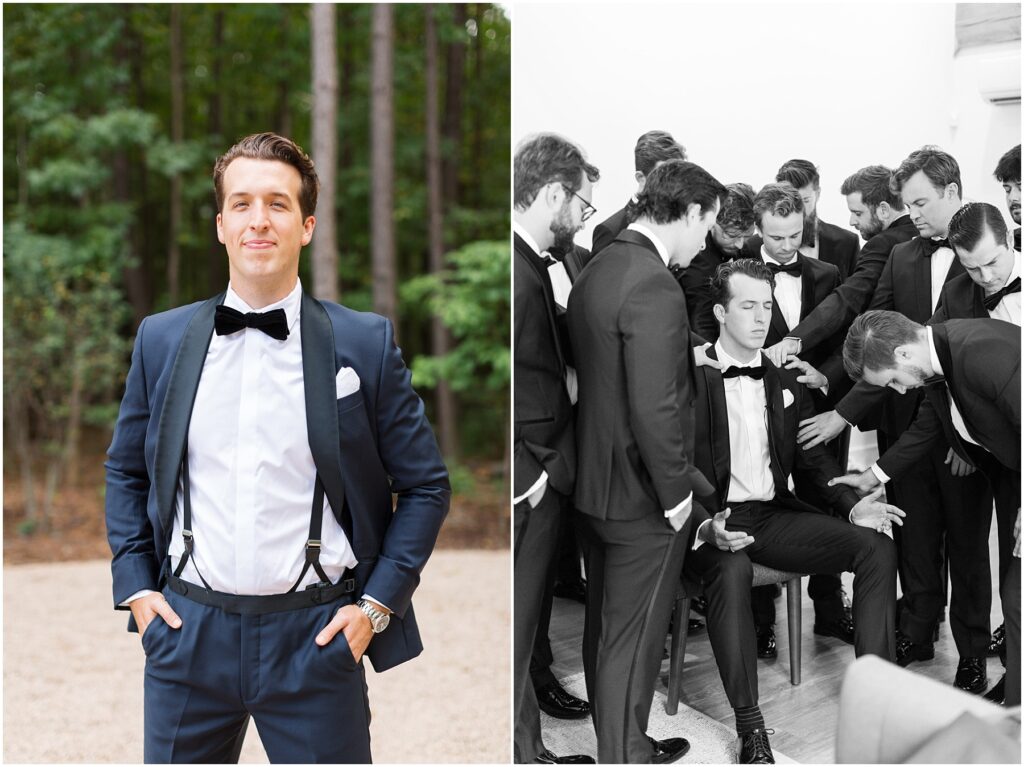 Groom Photo Inspo | Wedding Party Praying with Groom | Groomsmen Photos with Groom | Raleigh NC Wedding Photographer