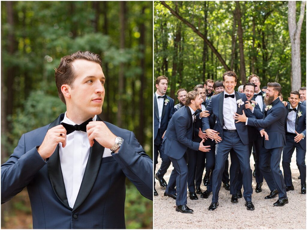 Groom Photos with navy tuxedos | Wedding Party Photo Inspiration | Groomsmen Wedding Party Photos | Wedding Party | Raleigh NC Wedding Photographer
