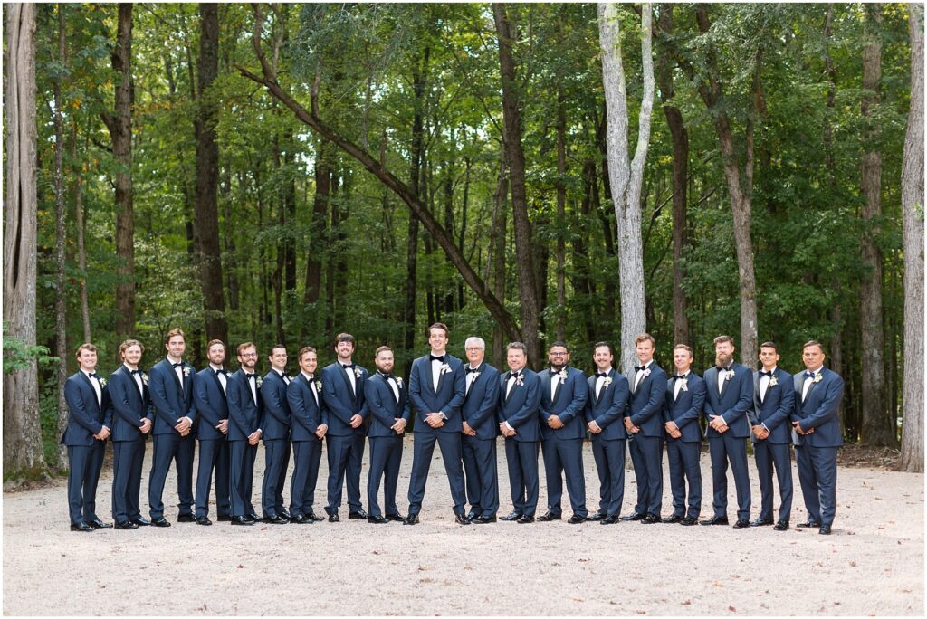 Large Groomsmen Bridal Party with navy tuxedos | Raleigh NC Wedding Photographer