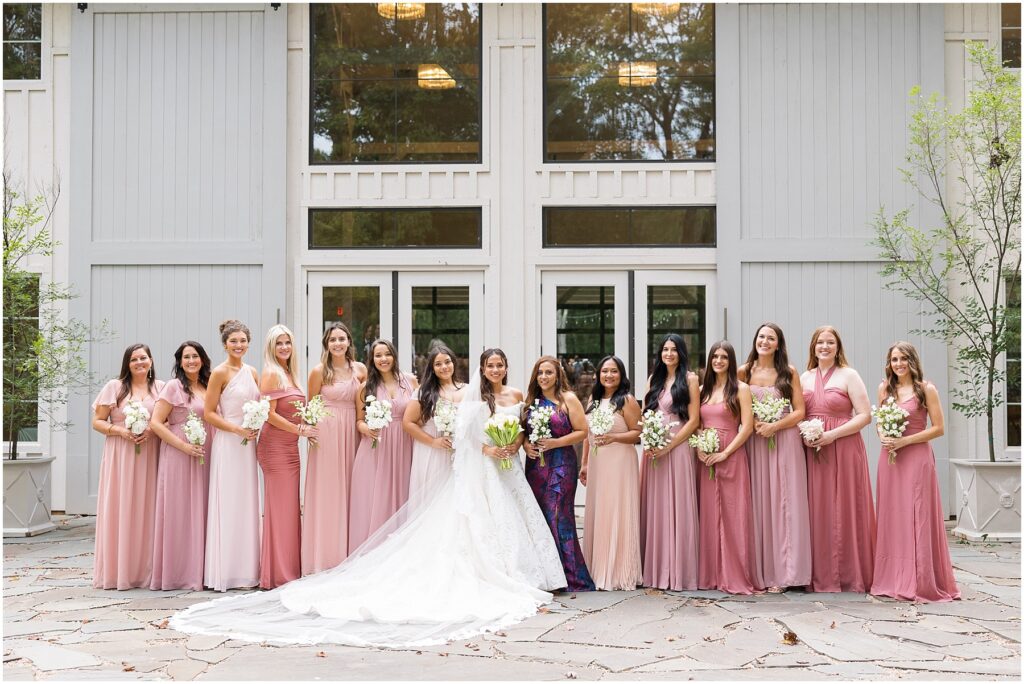 Photos of large Bridal Party | Blush pink mixed bridesmaid dress inspiration | Carolina Grove Wedding Photographer
