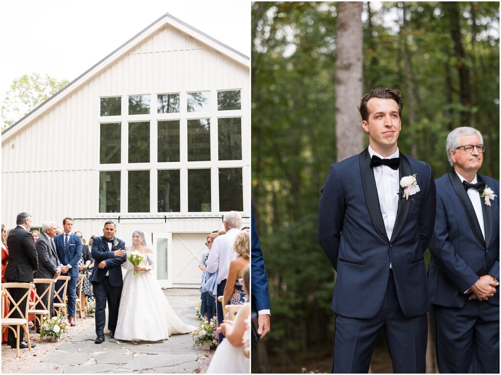 Bride walking down the aisle | Bride Entrance | Groom waiting for bride | Carolina Grove Wedding Photographer | Raleigh NC Wedding Photographer