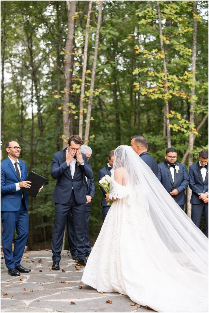 Wedding Ceremony Bridal Entrance | Groom waiting for bride | Carolina Grove Wedding Photographer | Raleigh NC Wedding Photographer