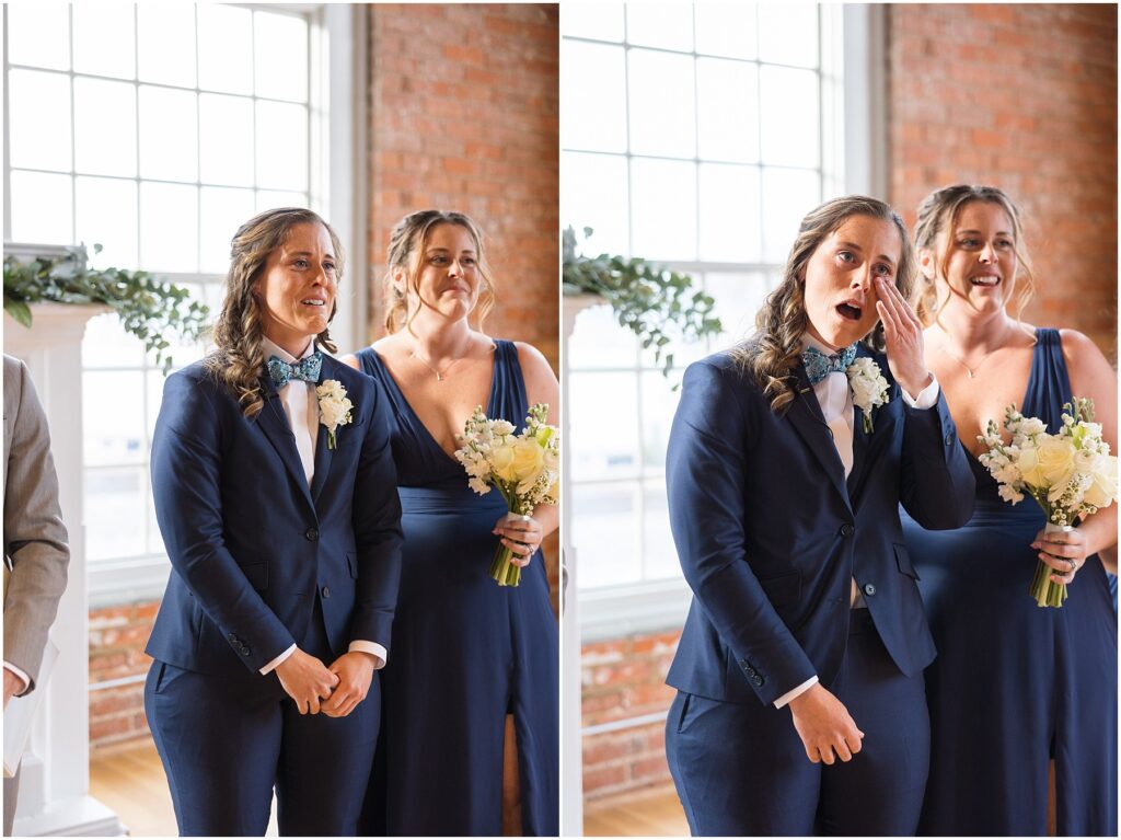 Bride Reaction Walking Down the Aisle | Same Sex Couple | Durham Wedding Photographer | Wedding at The Cotton Room | Sarah Hinckley Photography