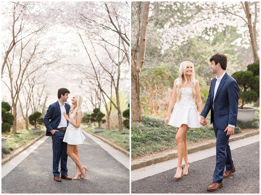 Couple walking | Duke Gardens | Cherry Blossom Trees | Duke University Senior | Duke University Grad | Durham Senior Photographer