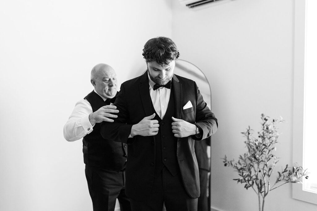 Groom | Groom and Father Getting Ready | Carolina Grove Wedding Venue | Sarah Hinkley Photography | North Carolina Wedding Photographer