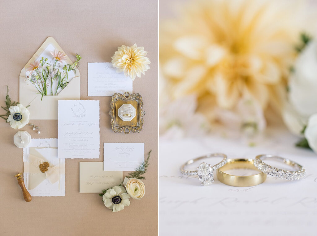 Neutral wedding invitation suite styled with florals and calligraphy | A black tie fall wedding at Merrimon-Wynne