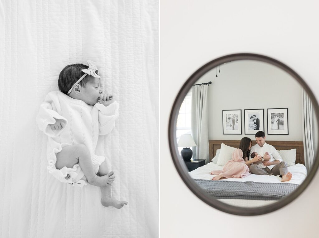newborn baby details | parents and newborn reflection in mirror | newborn photography Raleigh NC | baby girl newborn session | lifestyle family photography