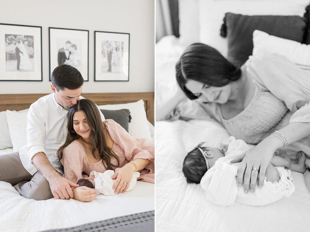 parents holding baby in bed | mom cuddling newborn baby in bed | newborn baby | newborn photography Raleigh NC | baby girl newborn session | lifestyle family photography