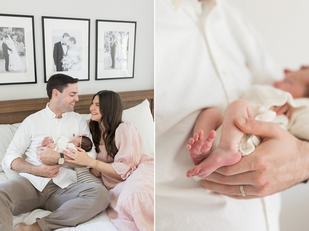parents holding baby in bed | newborn details | parents cuddling newborn baby | Raleigh Newborn Photos | baby girl newborn session | lifestyle family photography