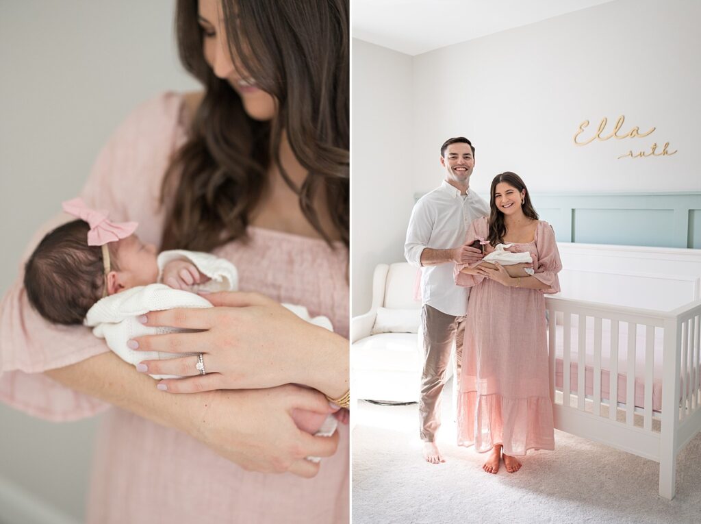 mom holding newborn baby girl | newborn details | parents holding baby in nursery | lifestyle newborn photos | in-home newborn session | newborn photography Raleigh NC | Raleigh newborn photographer