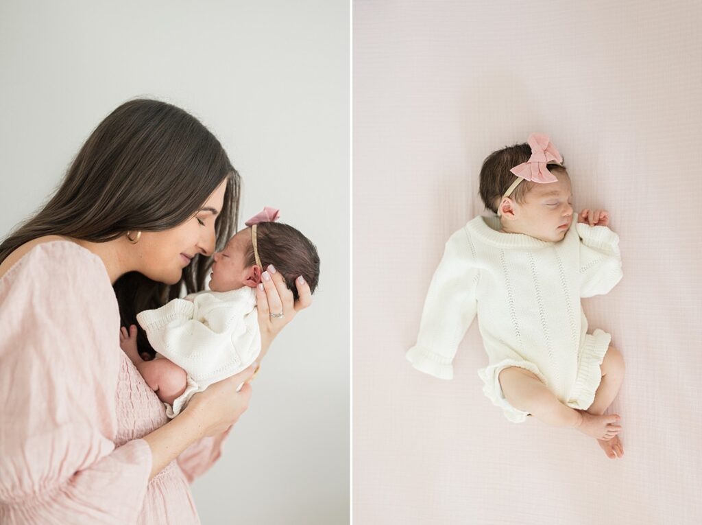 sleeping baby girl with bow | mom cuddling baby | Raleigh newborn photographer | Raleigh lifestyle photographer | newborn photography Raleigh NC | baby girl newborn session | 