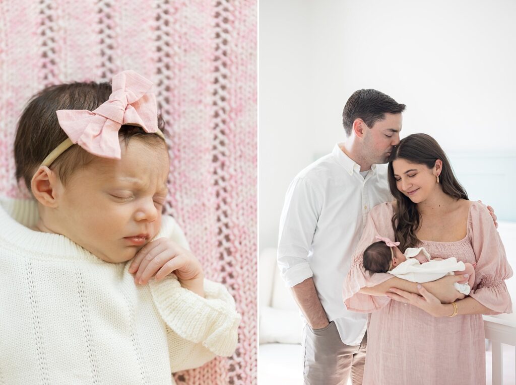 sleeping baby girl with bow | new parents with baby | mom holding baby | Raleigh newborn photographer | Raleigh lifestyle photographer | newborn photography Raleigh NC | baby girl newborn session | 