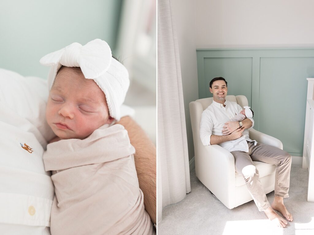 dad holding baby | sleeping baby | newborn photography Raleigh NC | baby girl newborn session | swaddled baby girl | lifestyle family photography