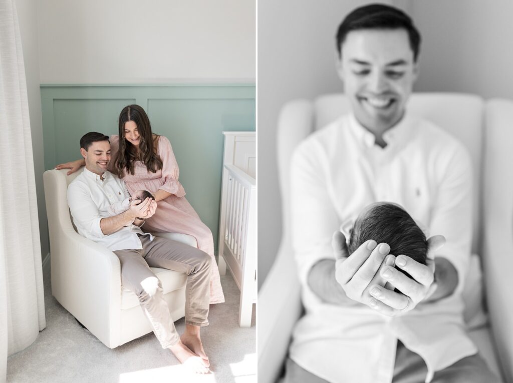 dad holding baby | sleeping baby | newborn photography Raleigh NC | baby girl newborn session | swaddled baby girl | lifestyle family photography
