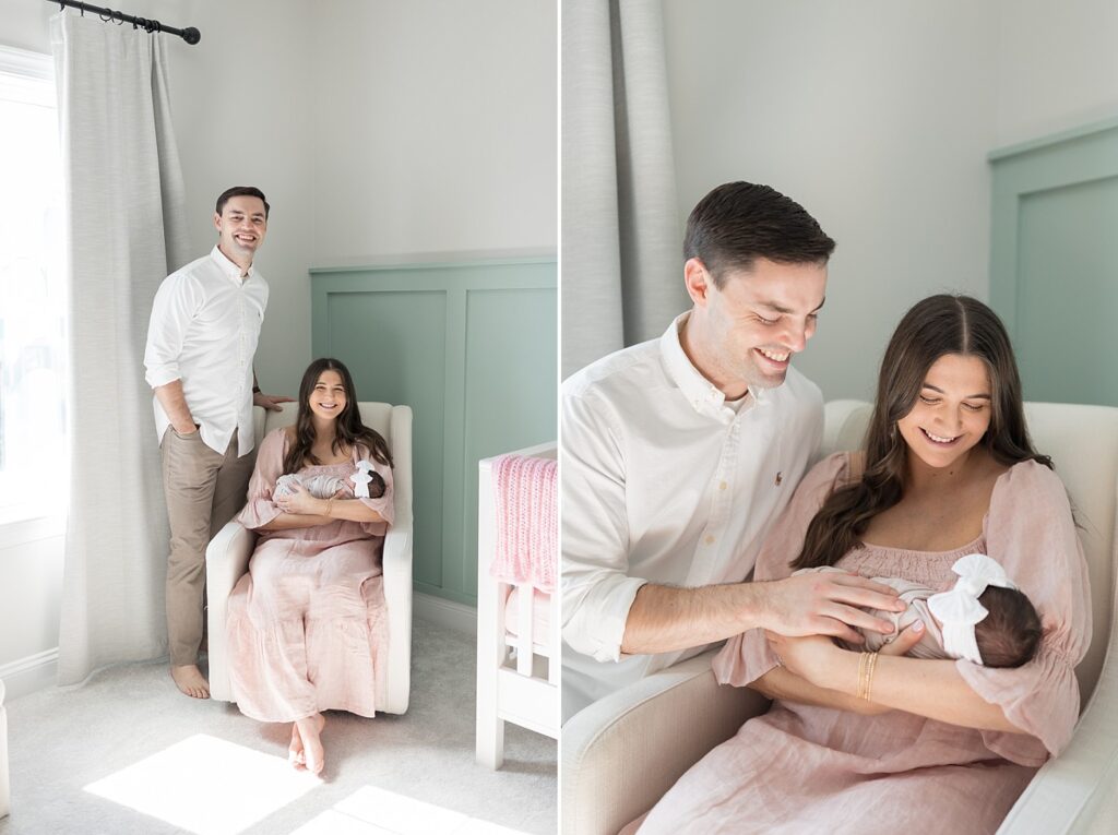 mom holding baby | rocking chair in nursery | lifestyle newborn photos | in home newborn session | raleigh newborn photographer