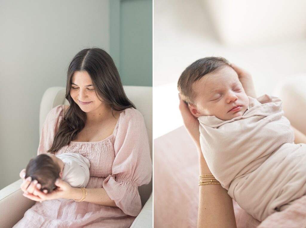 mom holding baby | sleeping baby | newborn photography Raleigh NC | baby girl newborn session | swaddled baby girl | lifestyle family photography