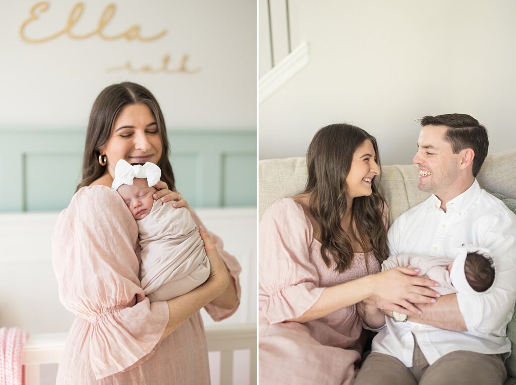 mom holding baby | sleeping baby | swaddled baby girl | Raleigh Newborn Photos | baby girl newborn session | lifestyle family photography