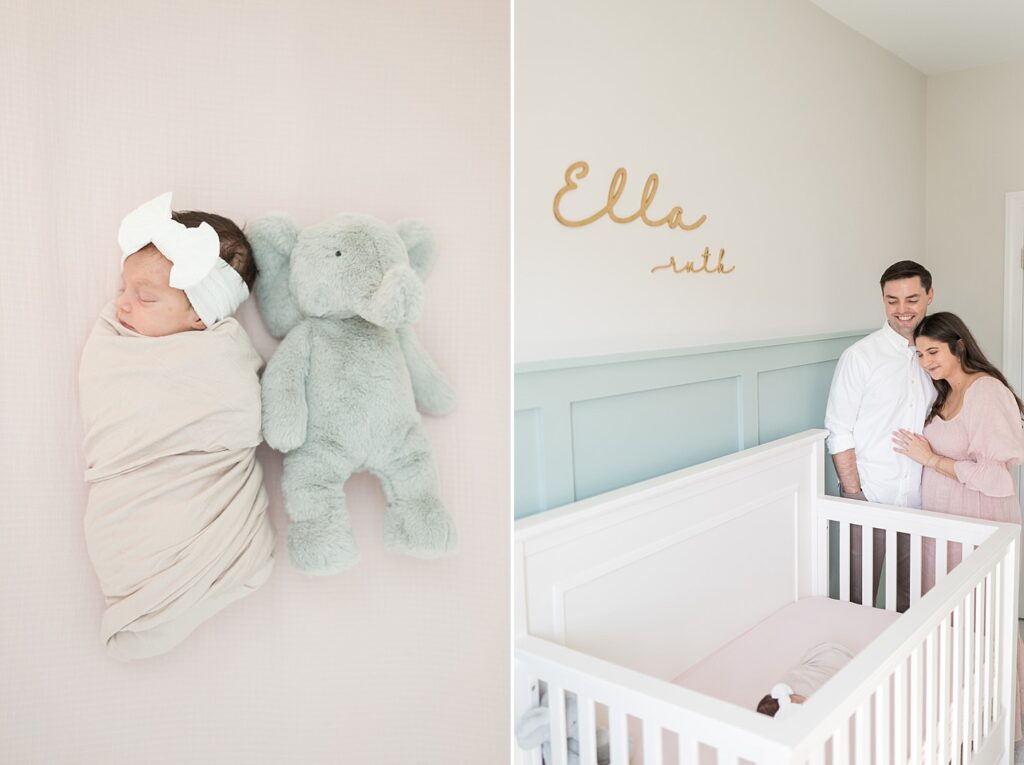 lifestyle nursery photos | swaddles baby girl with stuffed animal | nursery photos | baby sleeping in crib | in-home newborn session | Raleigh newborn photographer