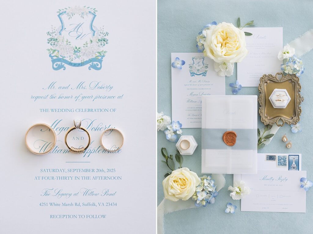 wedding rings, wedding invitations, wedding details, the legacy at willow pond wedding, the legacy at willow pond wedding inspiration, Virginia wedding photos