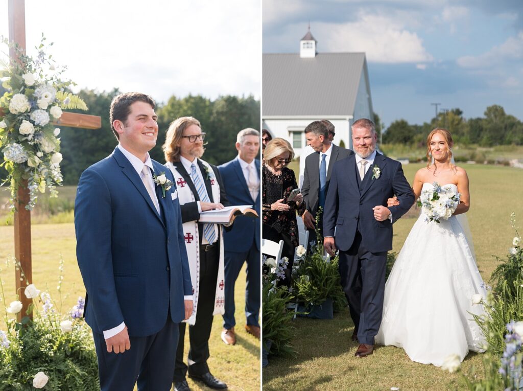 groom at ceremony, bride walking down the aisle, the legacy at willow pond, outdoor ceremony, historic venues in Virginia, classic wedding venue
