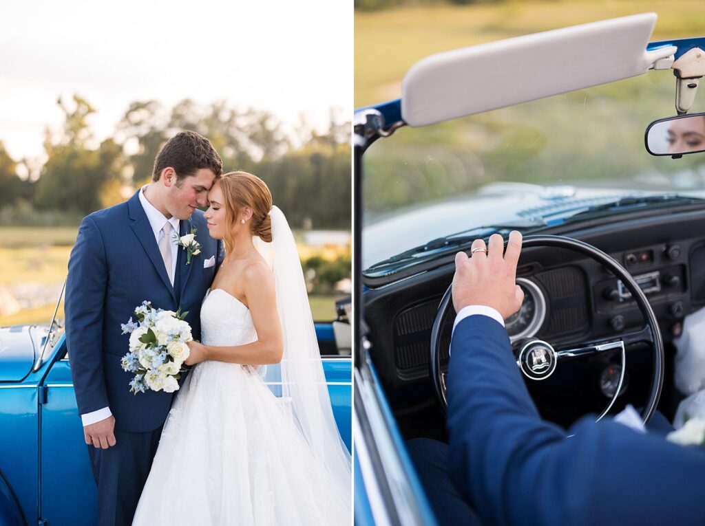 classic car, bride and groom wedding portraits, historic venues in Virginia, Raleigh wedding photographer, classic wedding venue