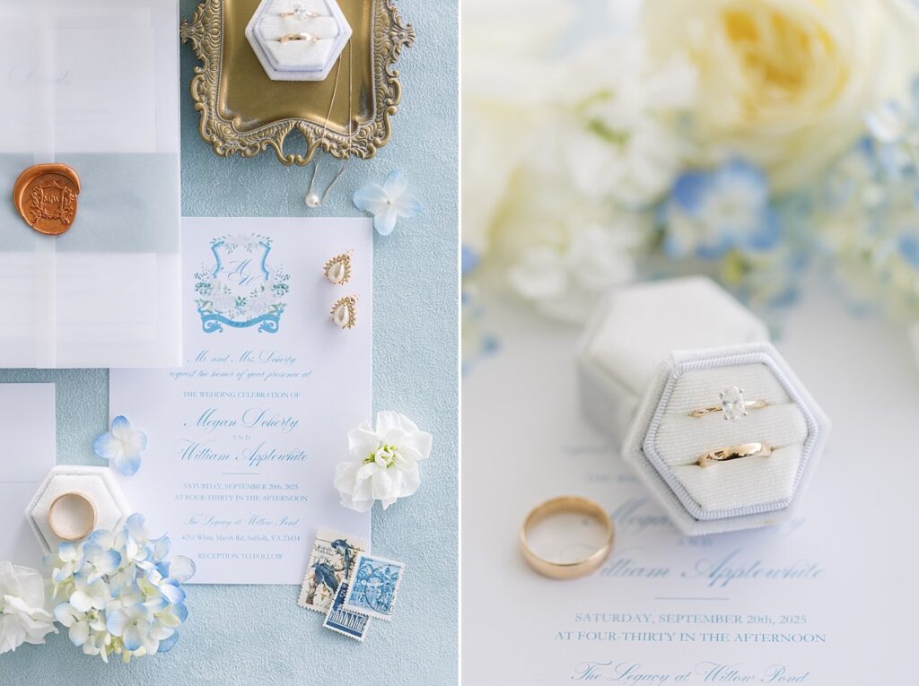 wedding rings, wedding invitations, wedding details, the legacy at willow pond wedding, the legacy at willow pond wedding inspiration, Virginia wedding photos