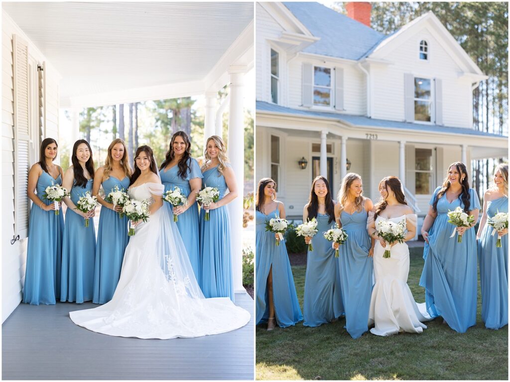 bridesmaids with bride | blue and white wedding | Raleigh NC wedding photographer | The Upchurch wedding photographer | Sarah Hinckley wedding photographer in Raleigh | Raleigh wedding photography at The Upchurch | The Upchurch Raleigh NC wedding