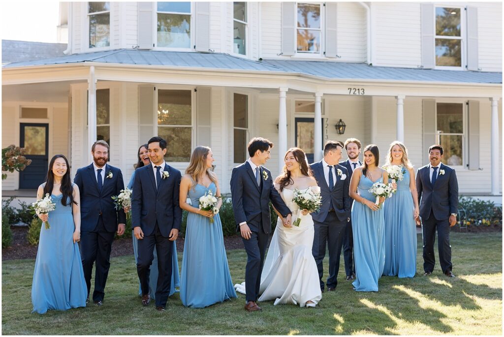 wedding party | blue and white wedding | bridesmaids and groomsmen | Raleigh NC wedding photographer | The Upchurch wedding photographer | Sarah Hinckley wedding photographer in Raleigh | Raleigh wedding photography at The Upchurch | The Upchurch Raleigh NC wedding