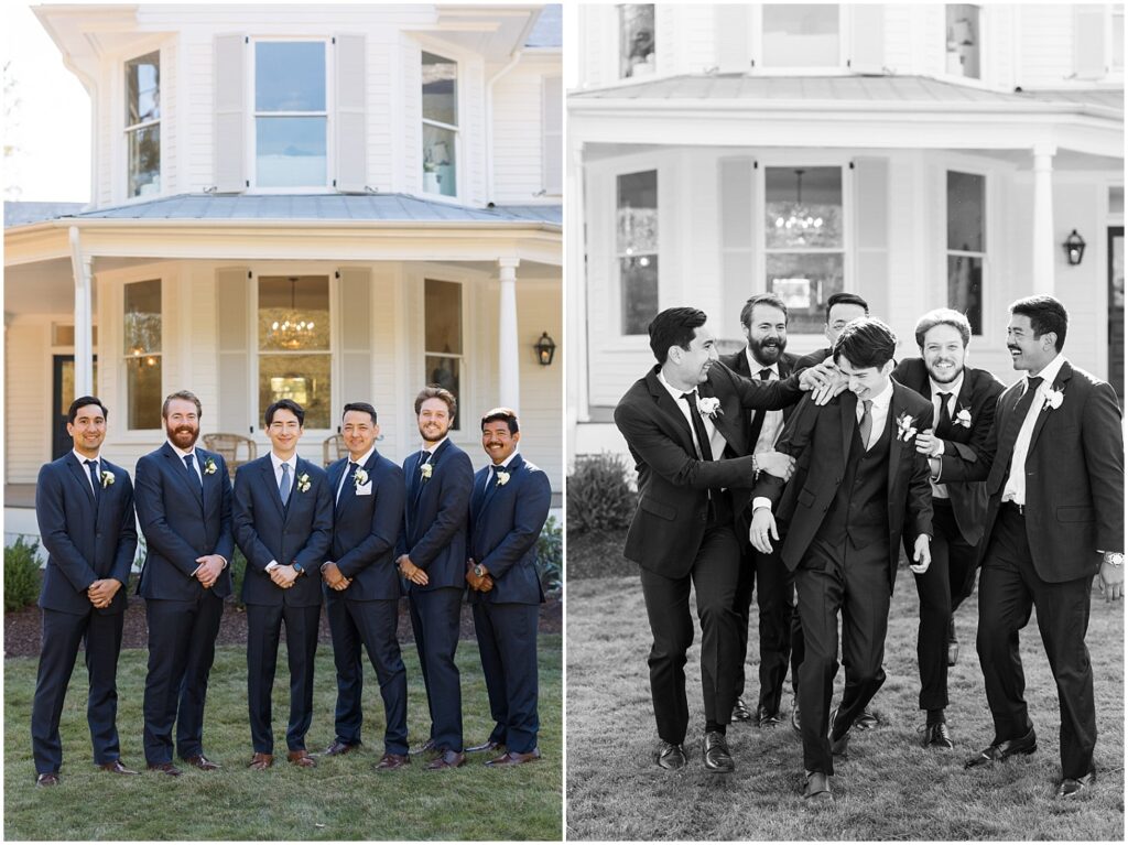 groomsmen with groom | blue and white wedding | Raleigh NC wedding photographer | The Upchurch wedding photographer | Sarah Hinckley wedding photographer in Raleigh | Raleigh wedding photography at The Upchurch | The Upchurch Raleigh NC wedding