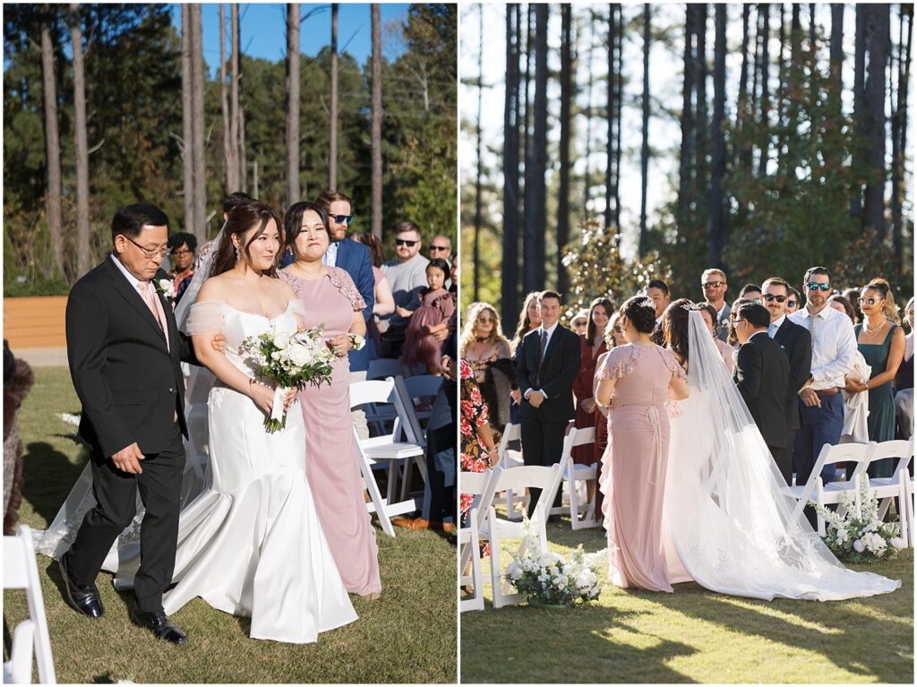 bride walking down aisle | outdoor ceremony | wedding ceremony | Wedding day at The Upchurch in Raleigh | Intimate Raleigh NC wedding venue | Timeless wedding at a historic Raleigh venue | The Upchurch wedding photographer | Raleigh wedding photography experience