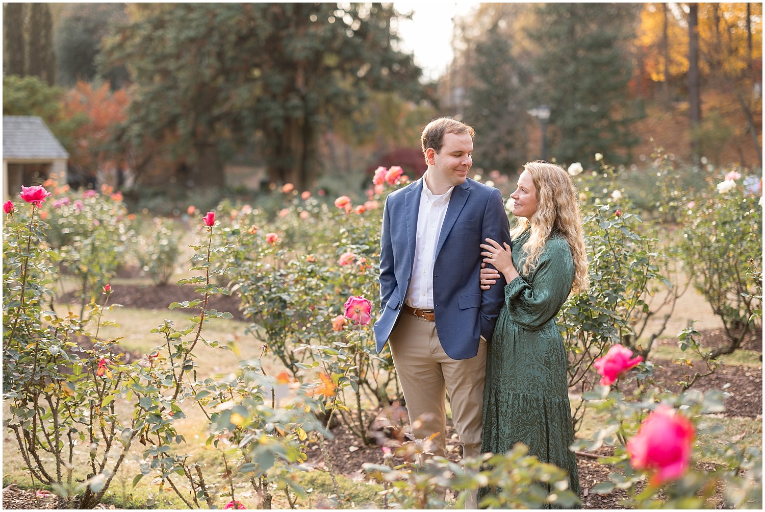 Fall Engagement photos at the Raleigh Rose Garden | Sarah Hinckley Photography 2025