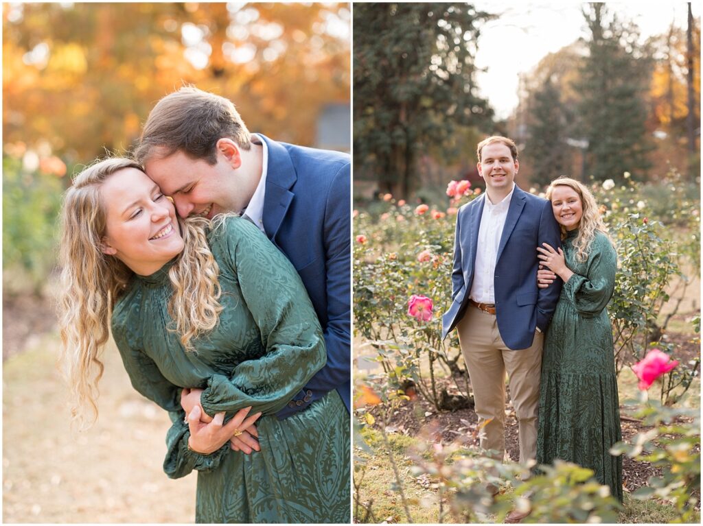 Engagement session outfit inspiration | Garden engagement outfit ideas | Raleigh Rose Garden engagement session | Raleigh engagement photographer | Romantic engagement photos in Raleigh NC