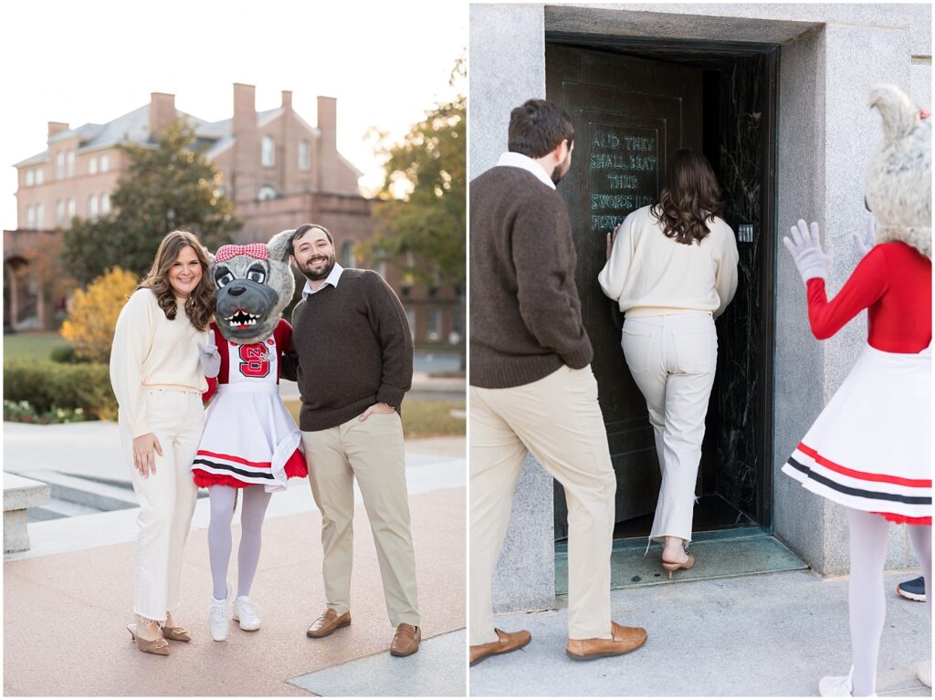 Raleigh Engagement photos at the NC State Bell tower with Mrs. Wuf