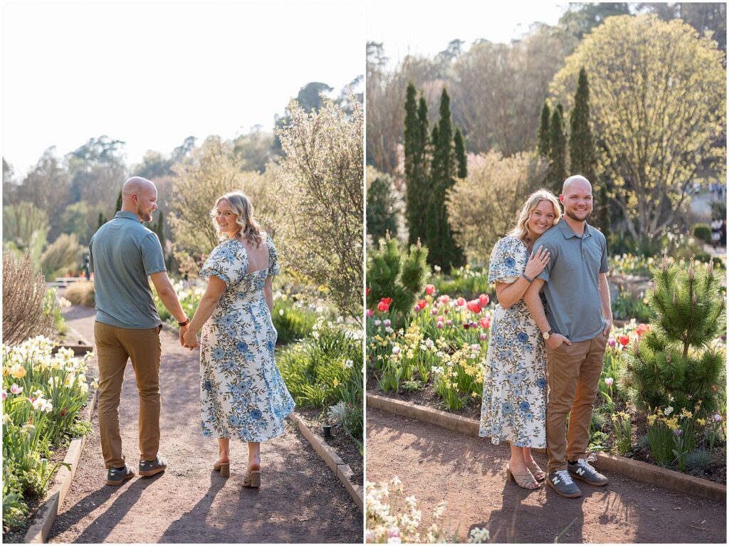 duke gardens, spring engagement photos, cherry blossom season, tulips