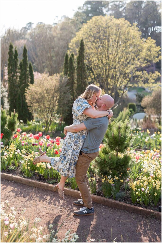 duke gardens, spring engagement photos, cherry blossom season, tulips