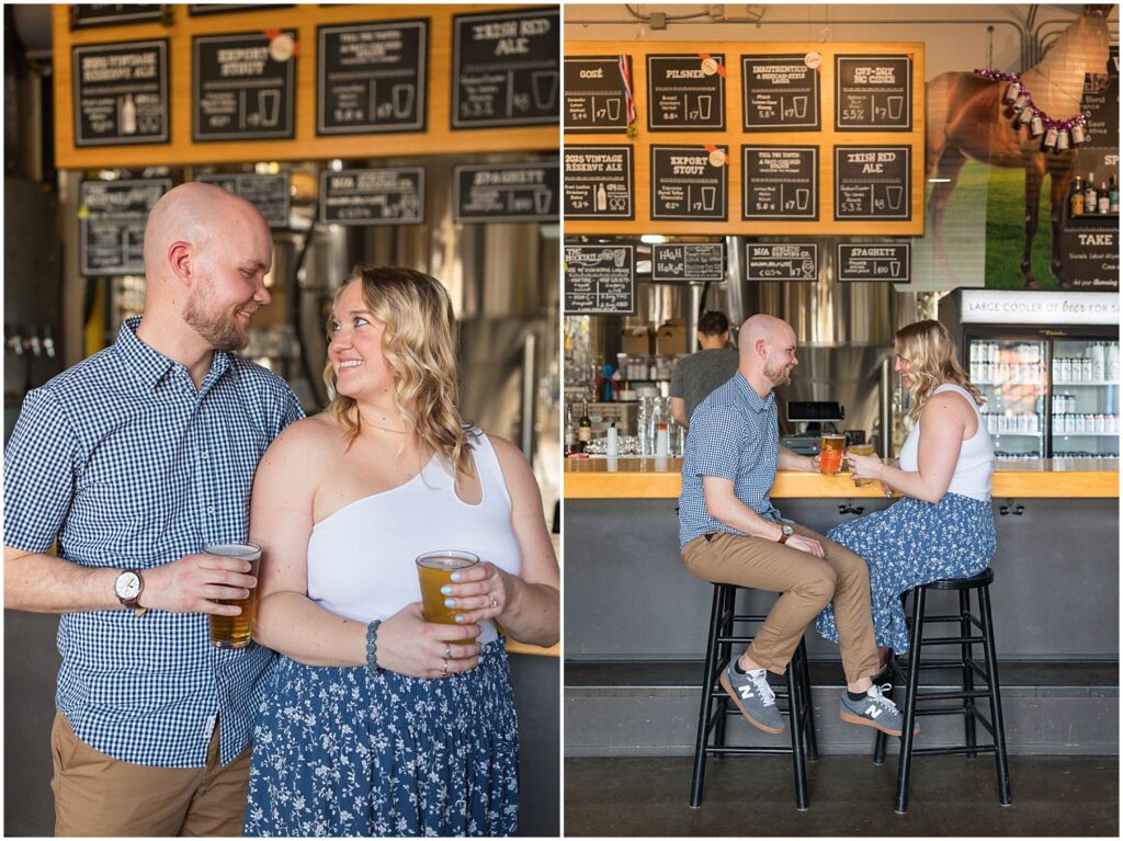 brewery engagement photos, ponysaurus brewing durham, downtown durham engagement photos