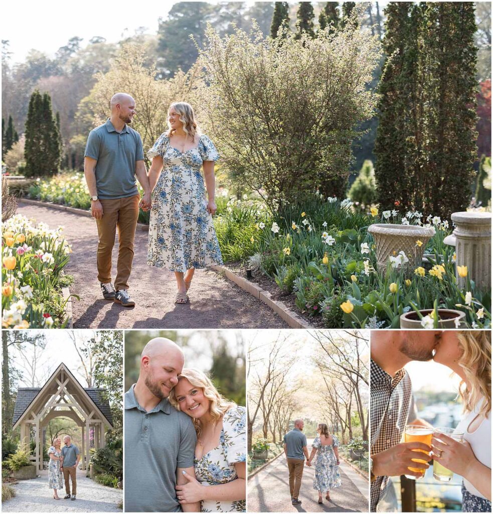 March engagement photos at Sarah P Duke Gardens in Durham during cherry blossom season, with a trip to Ponysaurus brewing in downtown afterwards
