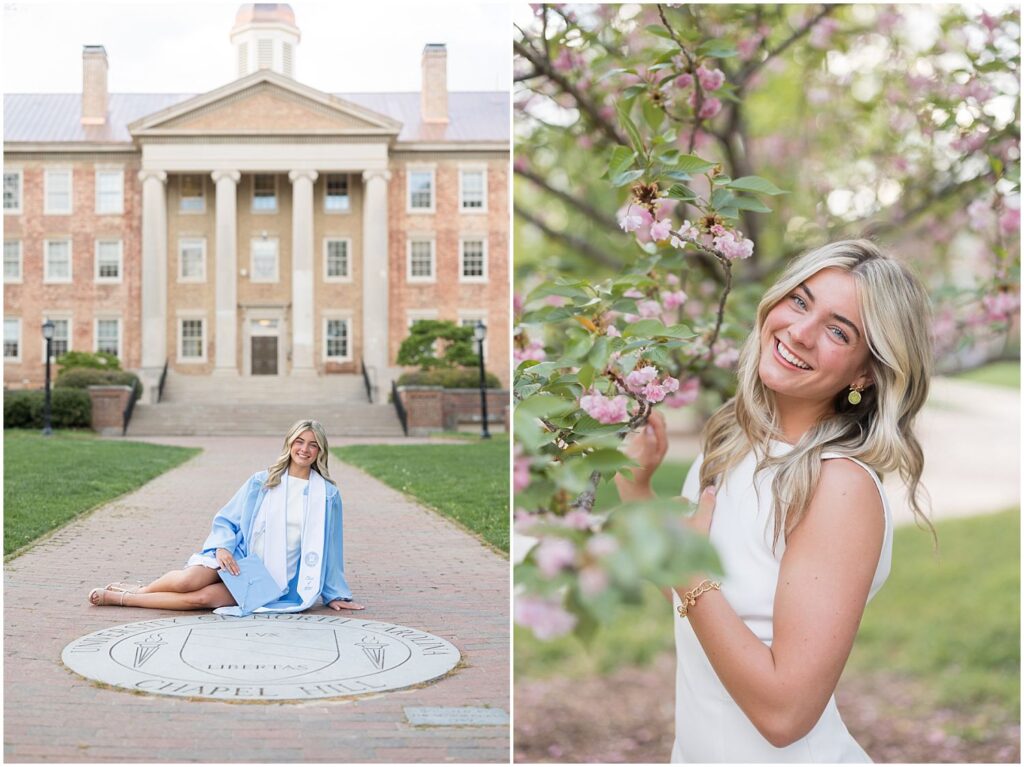 Pink trees, spring senior photos, UNC grad photos, UNC Chapel Hill, senior photographer