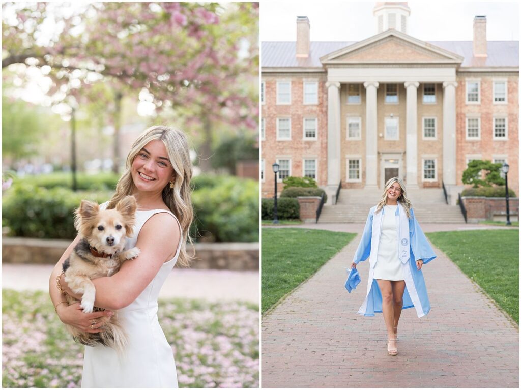 pink trees, UNC grad photos, UNC Chapel Hill, senior photographer, grad photos with your dog