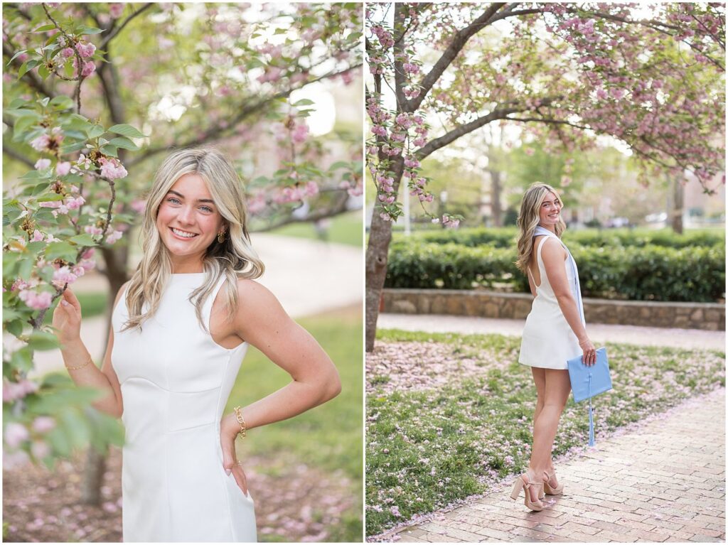 pink trees, spring senior photos, UNC grad photos, UNC Chapel Hill, senior photographer