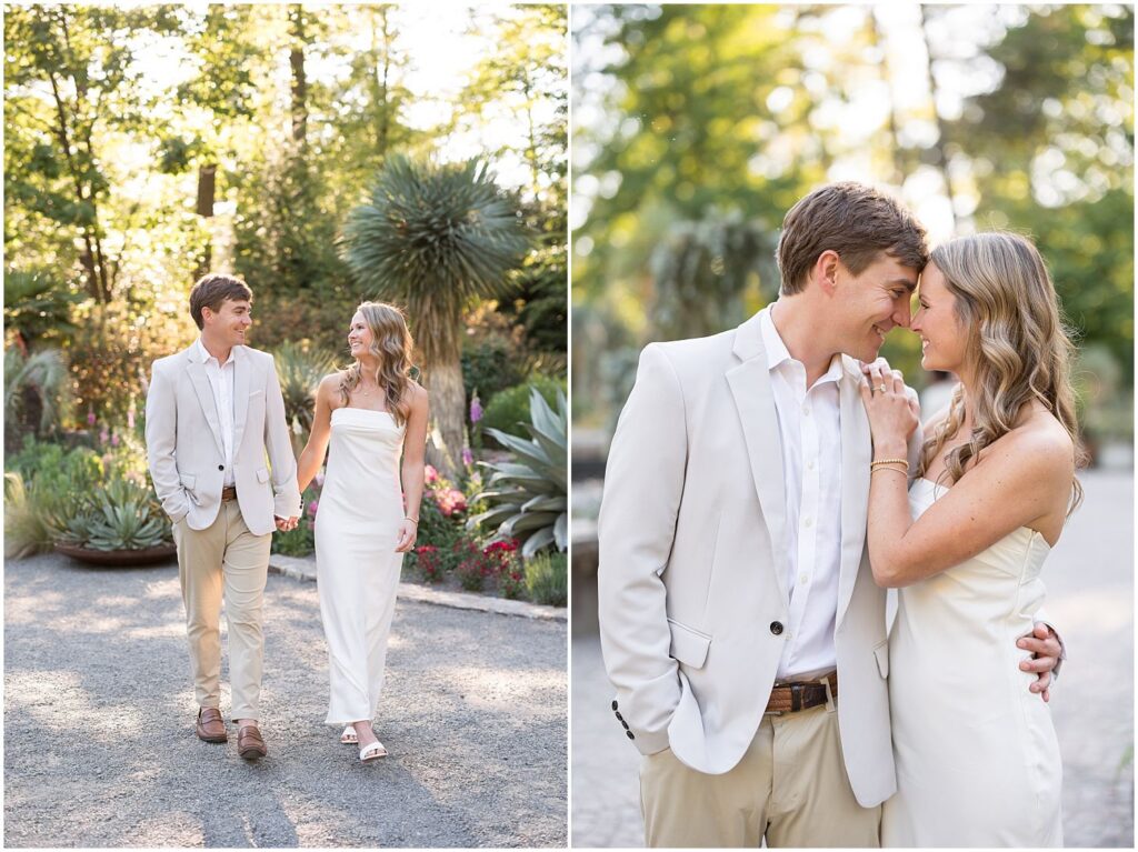 Engagement photos wearing white while walking through Duke Gardens | Sarah Hinckley Photography