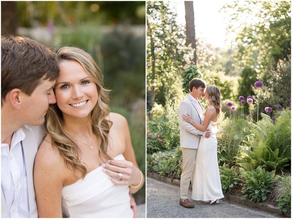 Spring engagement photos for Erin and Cooper with golden hour lighting and purple flowers blooming | Sarah Hinckley Photography