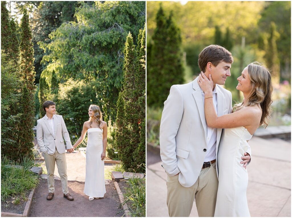 Erin and Cooper's classy engagement session in all white at Duke Gardens surrounded by greenery | Sarah Hinckley Photography