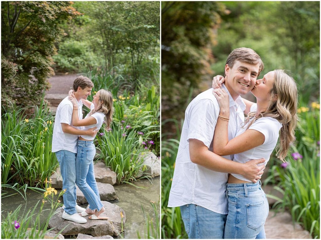 Erin and Cooper walk along the stone bridge at Duke Gardens during their spring engagement session | Sarah Hinckley Photography