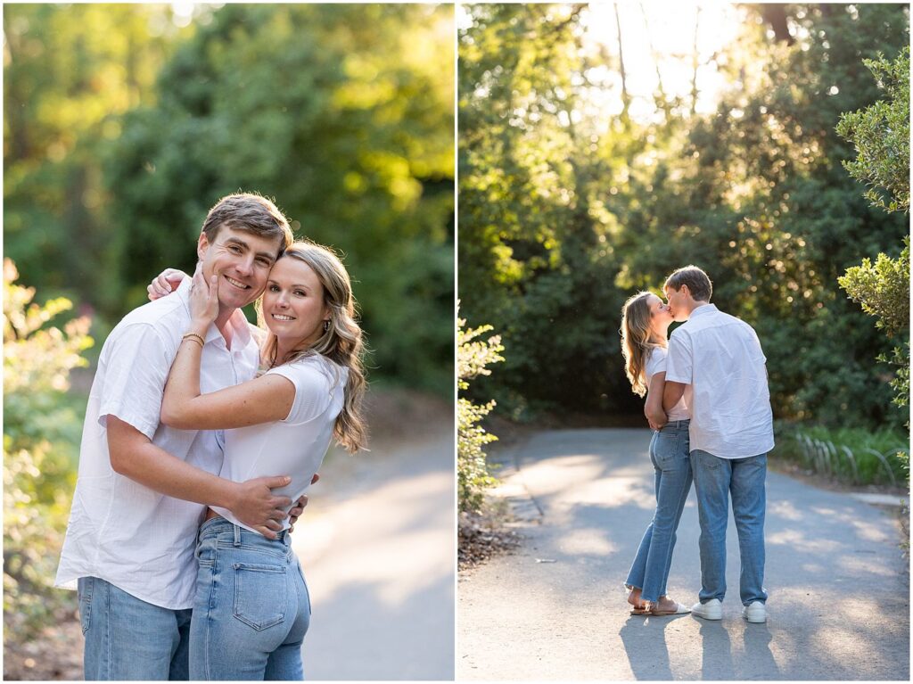Golden hour lighting for a casual engagement look in jeans and matching white tshirts