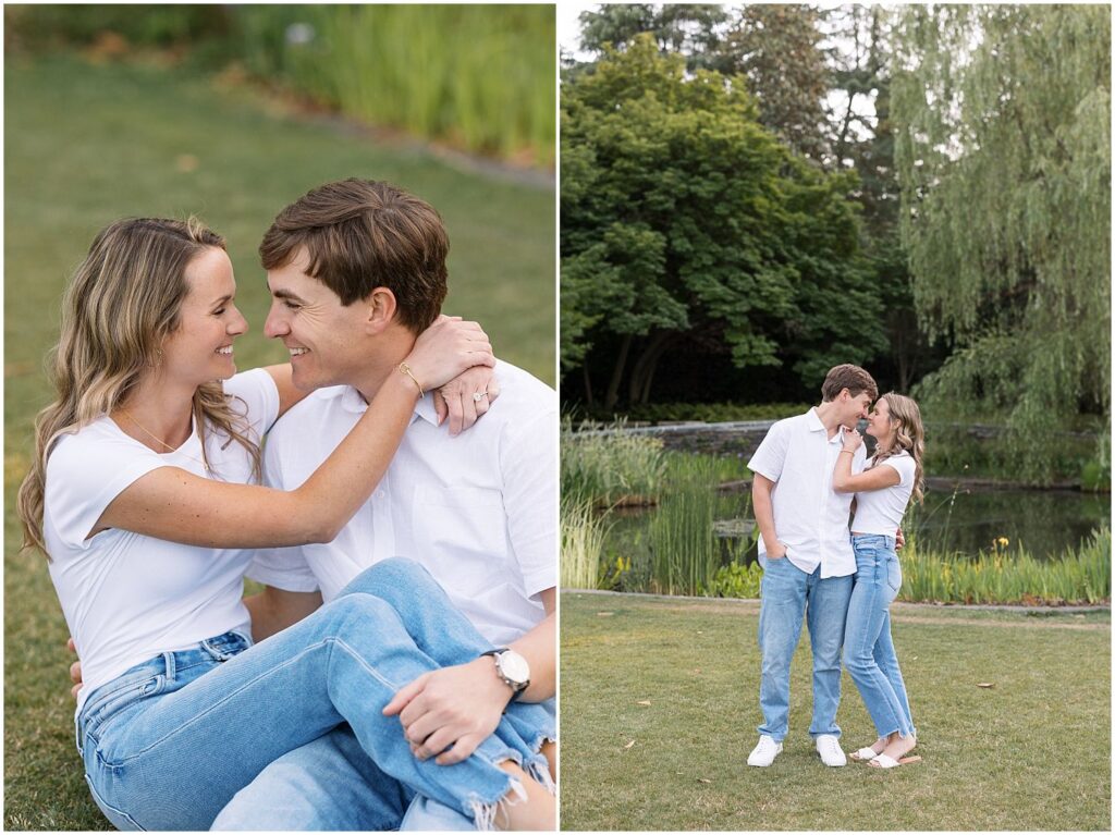 Romantic story book vibes for engagement photos with matching outfits by a pond and willow tree | Sarah Hinckley Photography