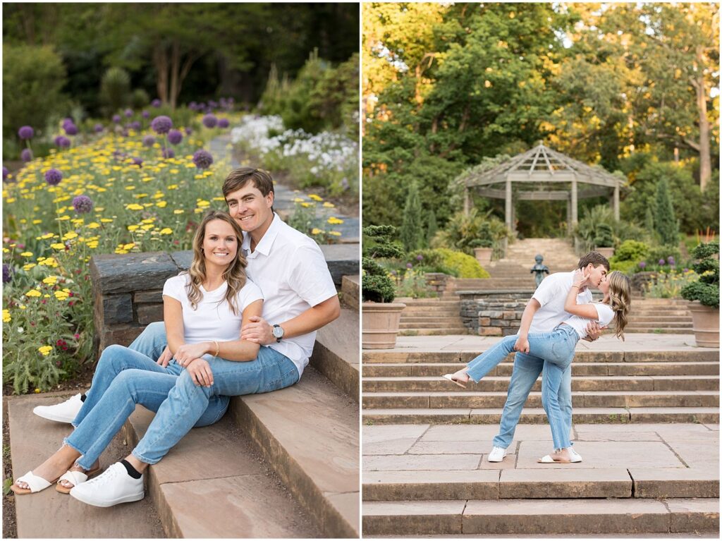 Romantic dip engagement photos at Duke Gardens during the spring time surrounded by yellow, white, and purple flowers | Sarah Hinckley Photography